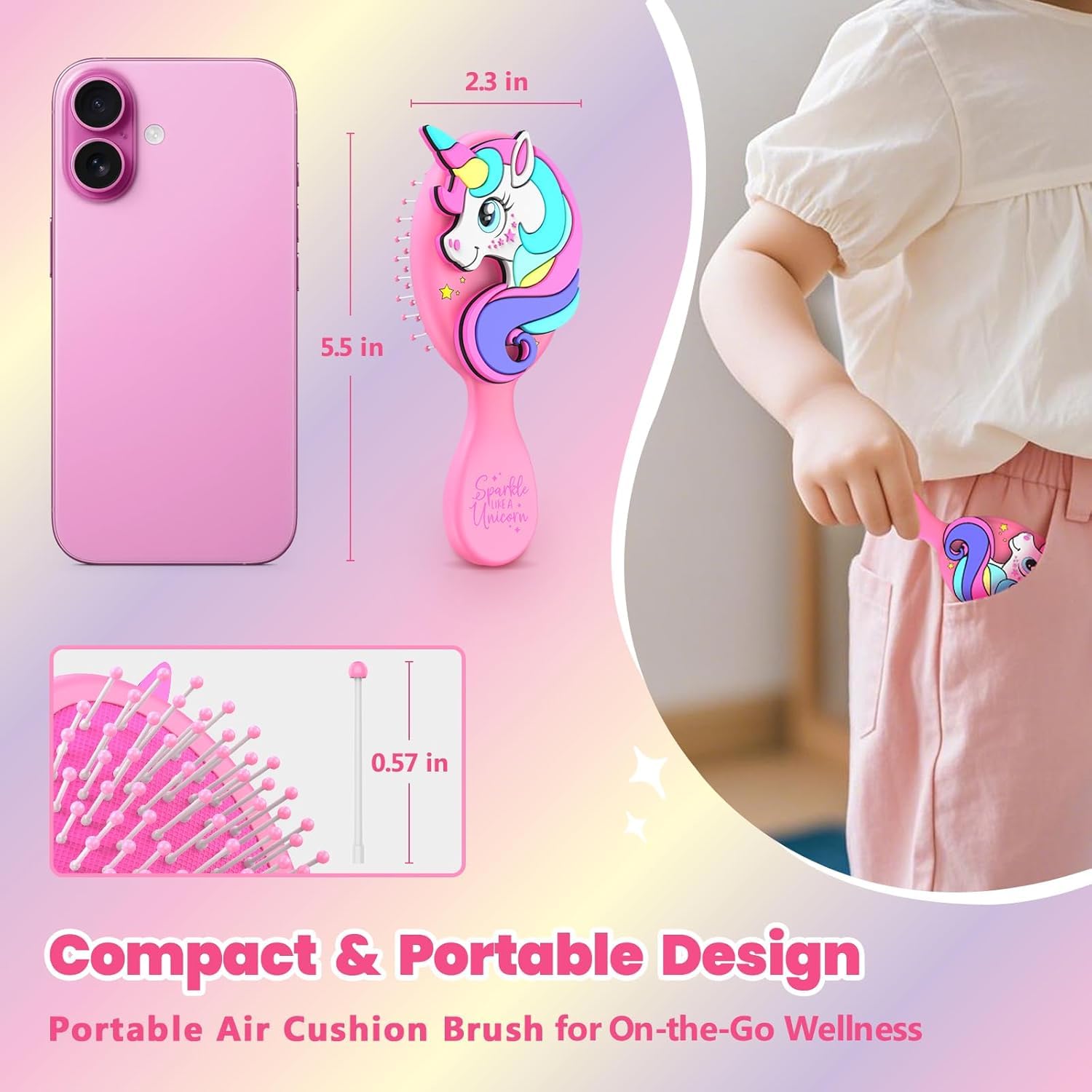 Sparkle Unicorn brosse compacte voyage, idéale pour sacs et déplacements.