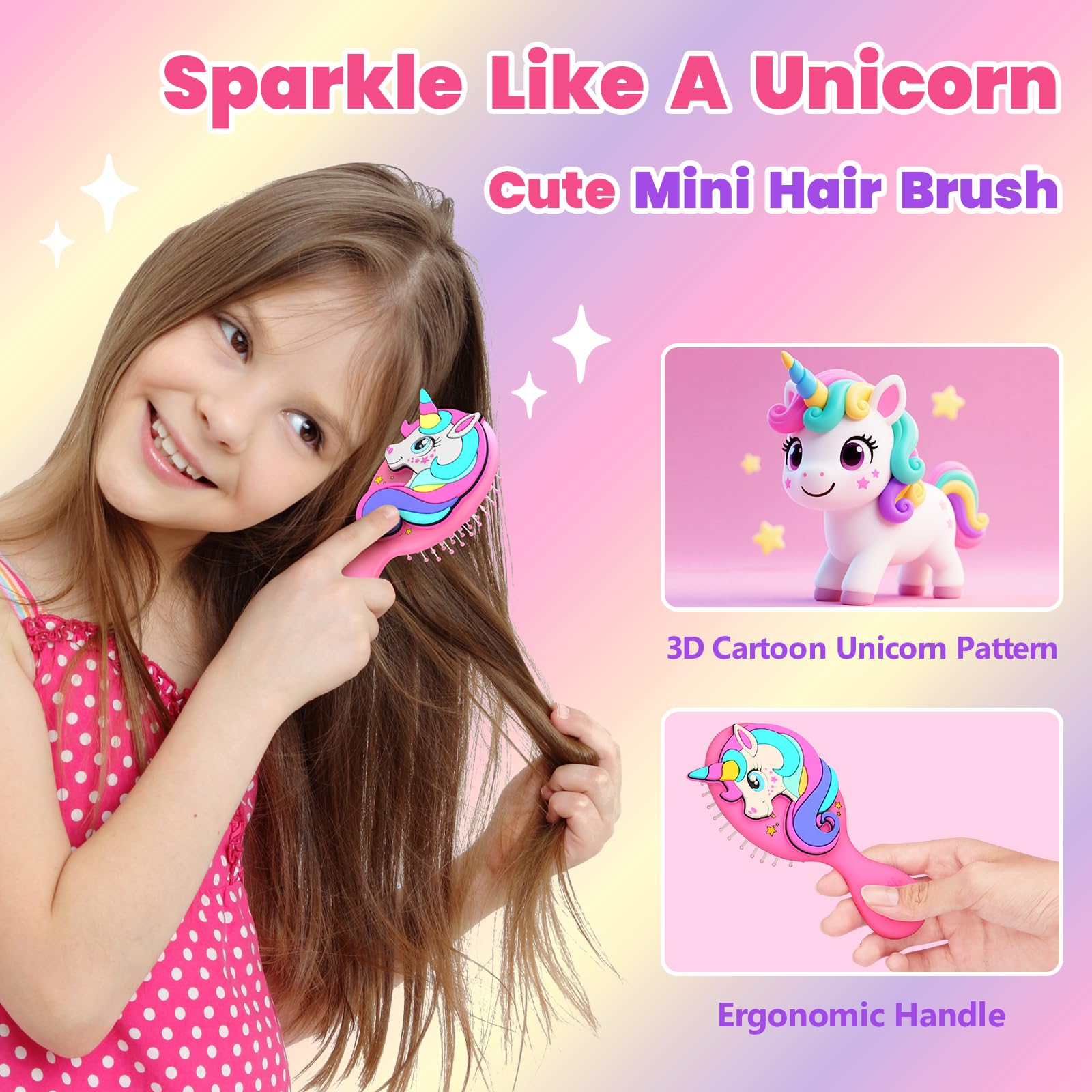 Sparkle Unicorn brosse mini licorne rose, petite et légère pour des retouches rapides en déplacement.
