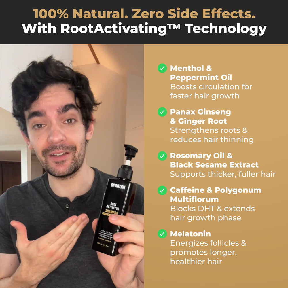 SPARTAN Shampoing Activateur de Racines, mousse généreuse qui nettoie sans agresser.