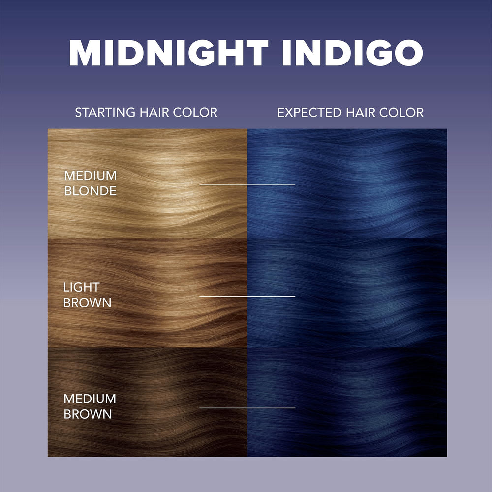 Teinte Indigo Minuit sur cheveux bruns pour profondeur et reflets.