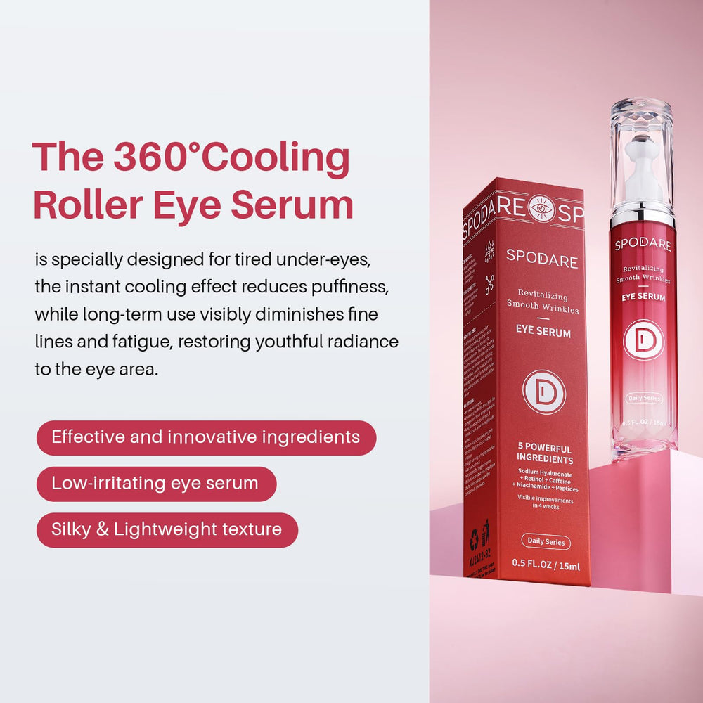 SPODARE sérum yeux, rouleau 360°, massage frais et réduction de gonflement.