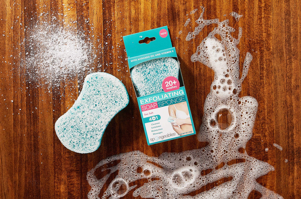 Spongeables dual-texture sponge for cleansing and exfoliating with olive oil and vitamin E.