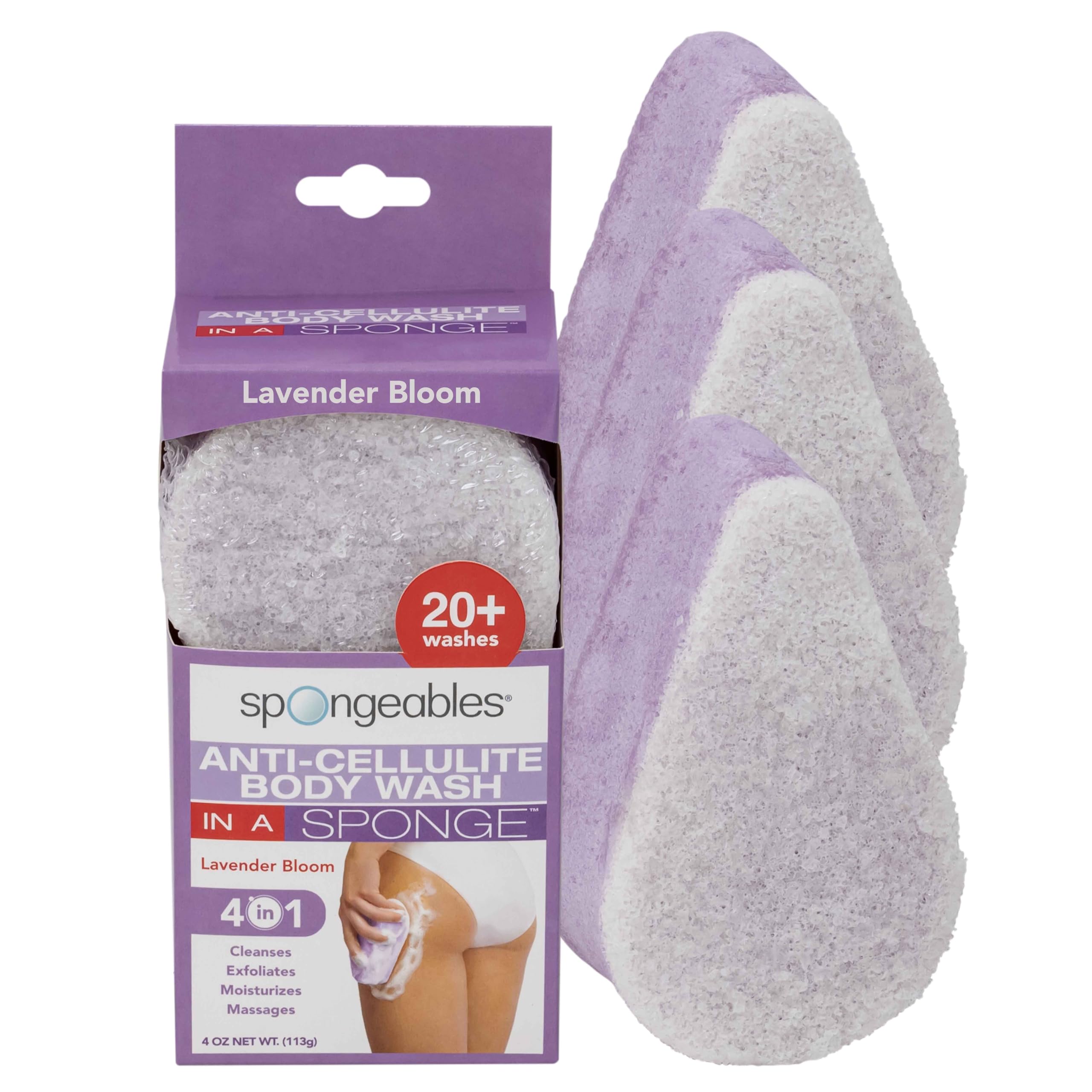 Spongeables éponge douche anti-cellulite lavande, texture double pour exfolier et hydrater.