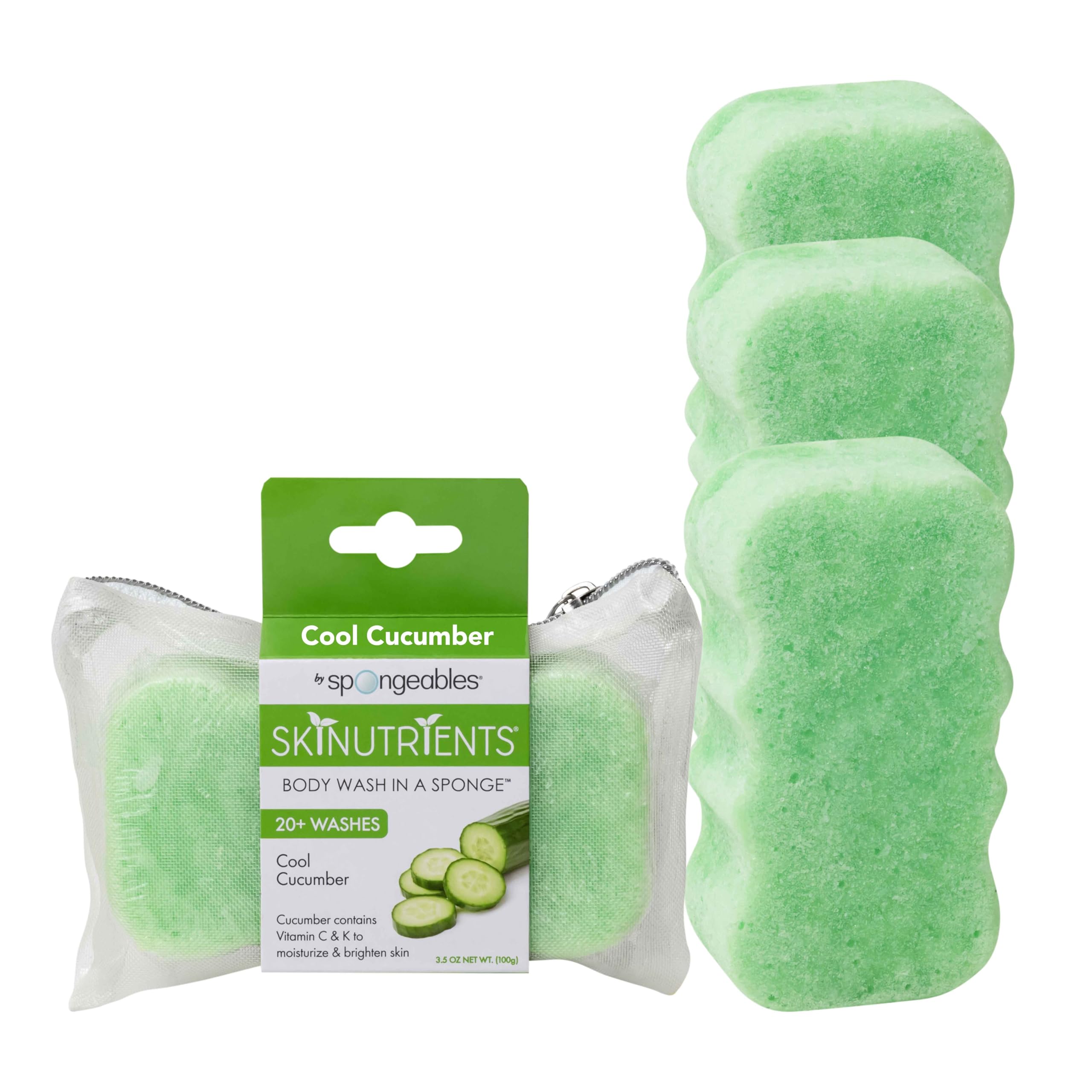 Spongeables gel-douche dans éponge: lavage riche et fraîcheur concombre.