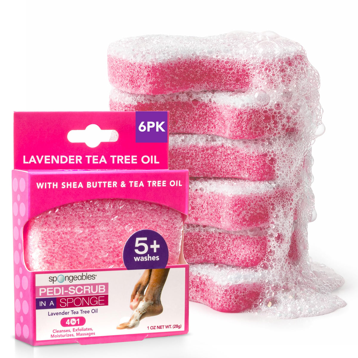 Spongeables Pedi Scrub Lavande – lot de 6 éponges pieds pour exfolier en douceur.