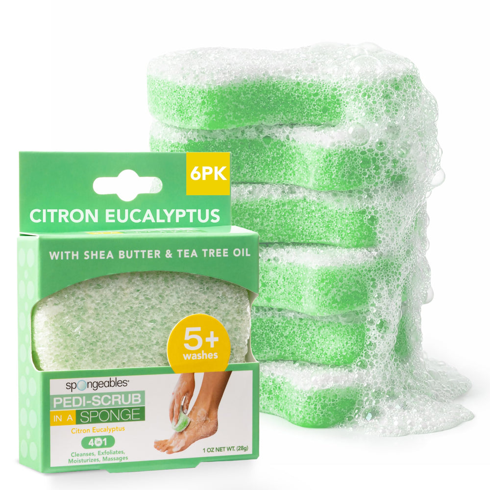 Spongeables Pedi Scrub: mousse luxueuse pour pieds propres et hydratés.