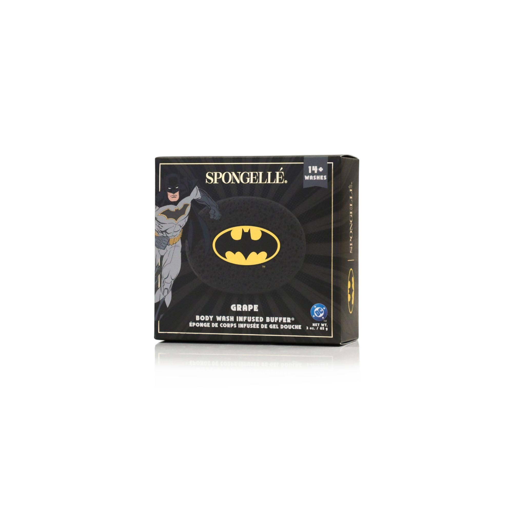 Spongelle Batman Grape Buffer activates lather with water for quick cleansing.