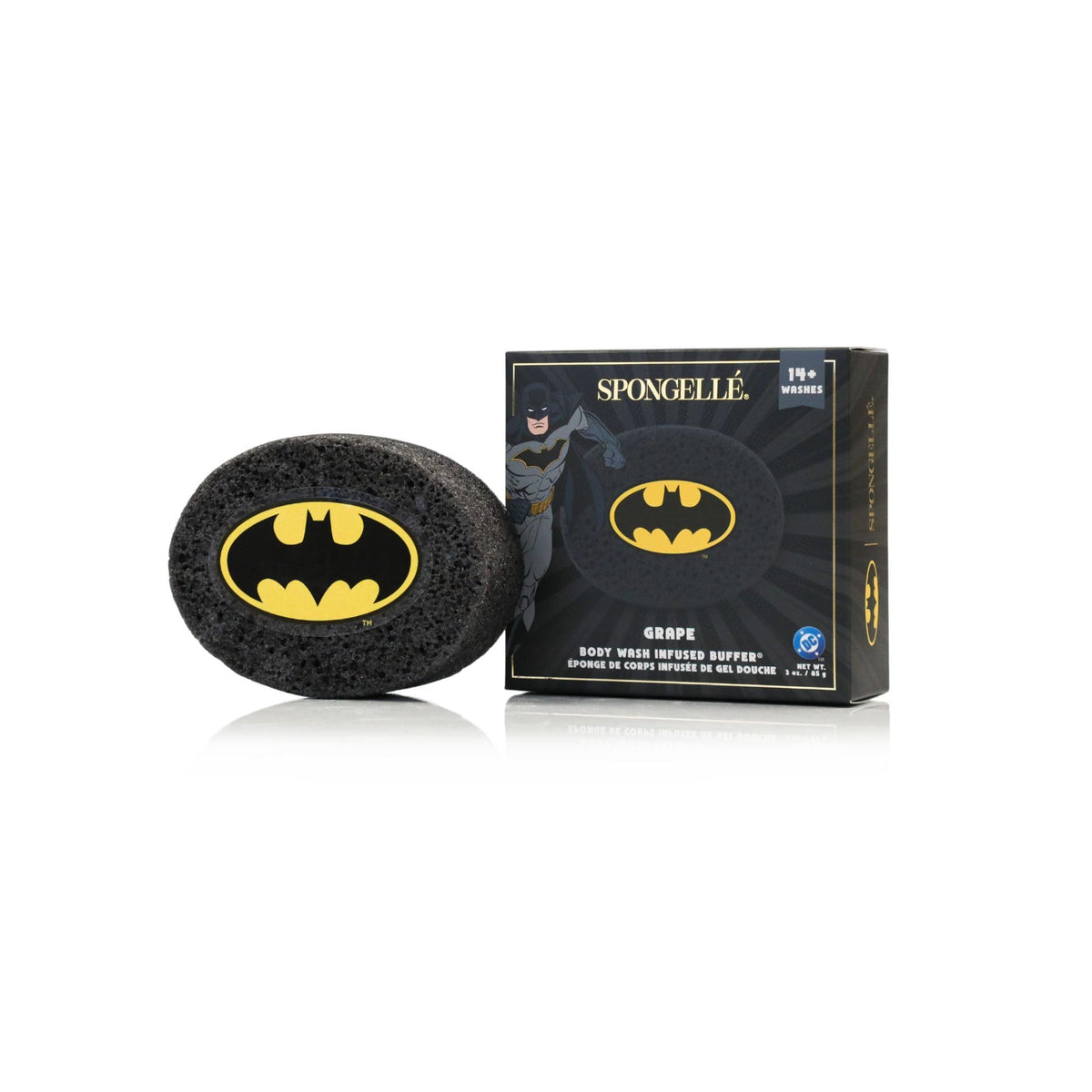 Spongelle Batman Grape Buffer under running water creates a rich lather for exfoliating cleansing.