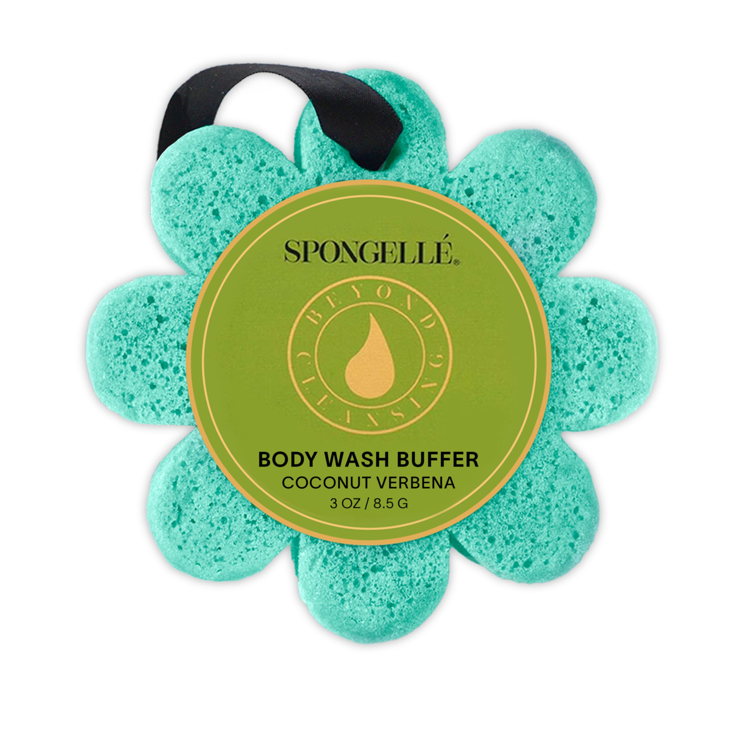 SPONGELLÉ Coco Verbena Buffer: éponge gommante intégrée pour exfolier et hydrater en une étape.