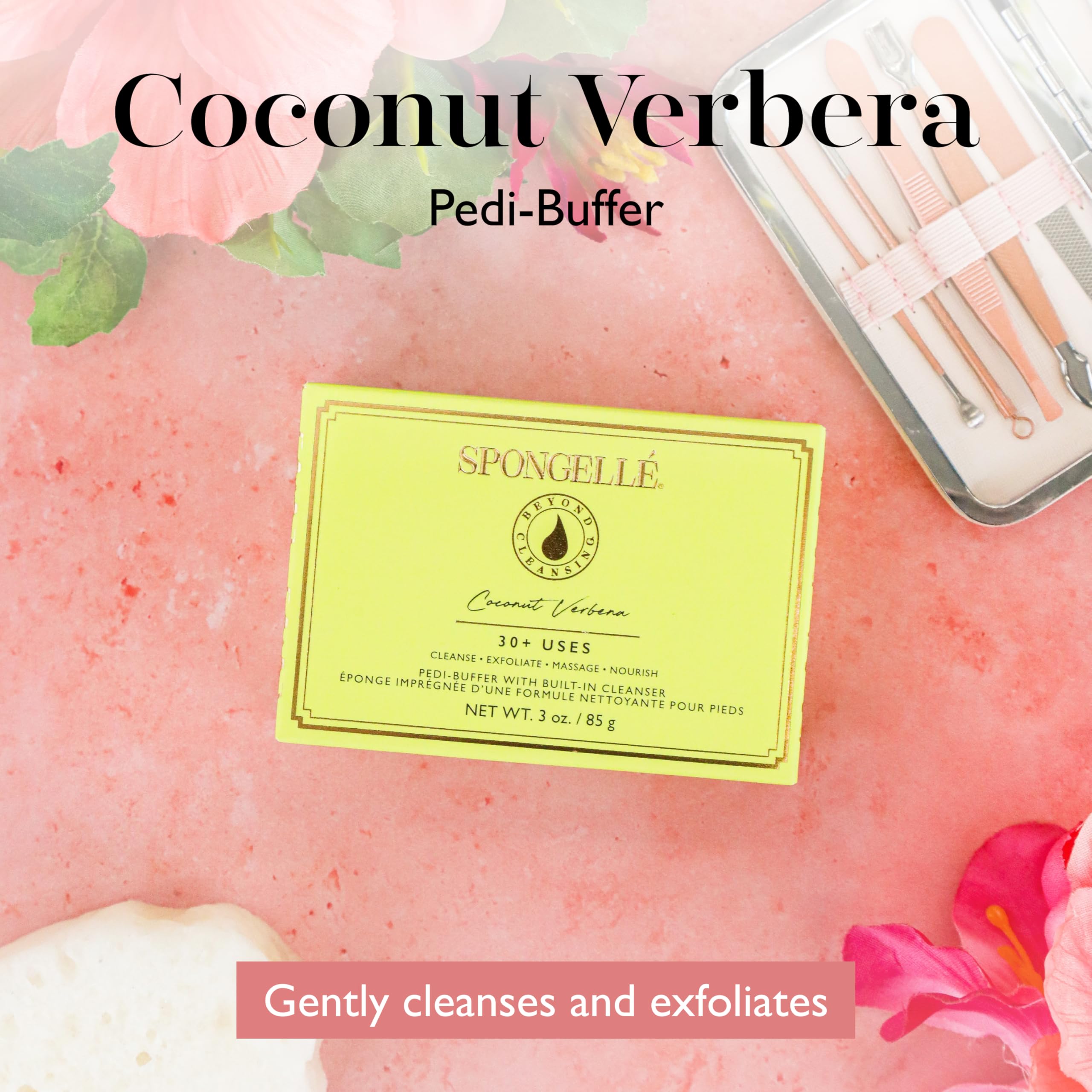 Texture exfoliante du SPONGELLÉ Coconut Verbena Pedi-Buffer révélant les grains.