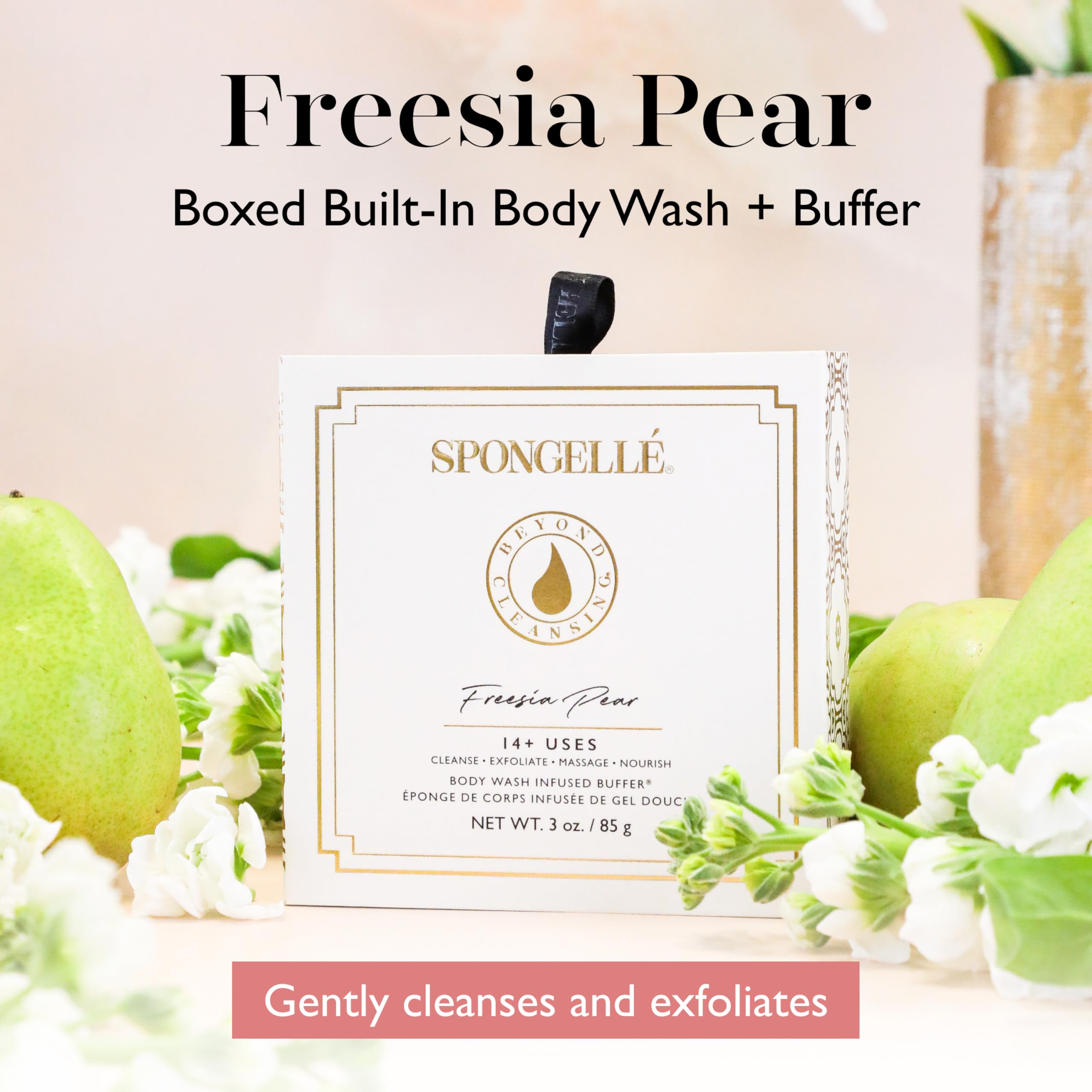 Texture exfoliante SPONGELLÉ Freesia Poire Buffer qui nettoie et prépare la peau.