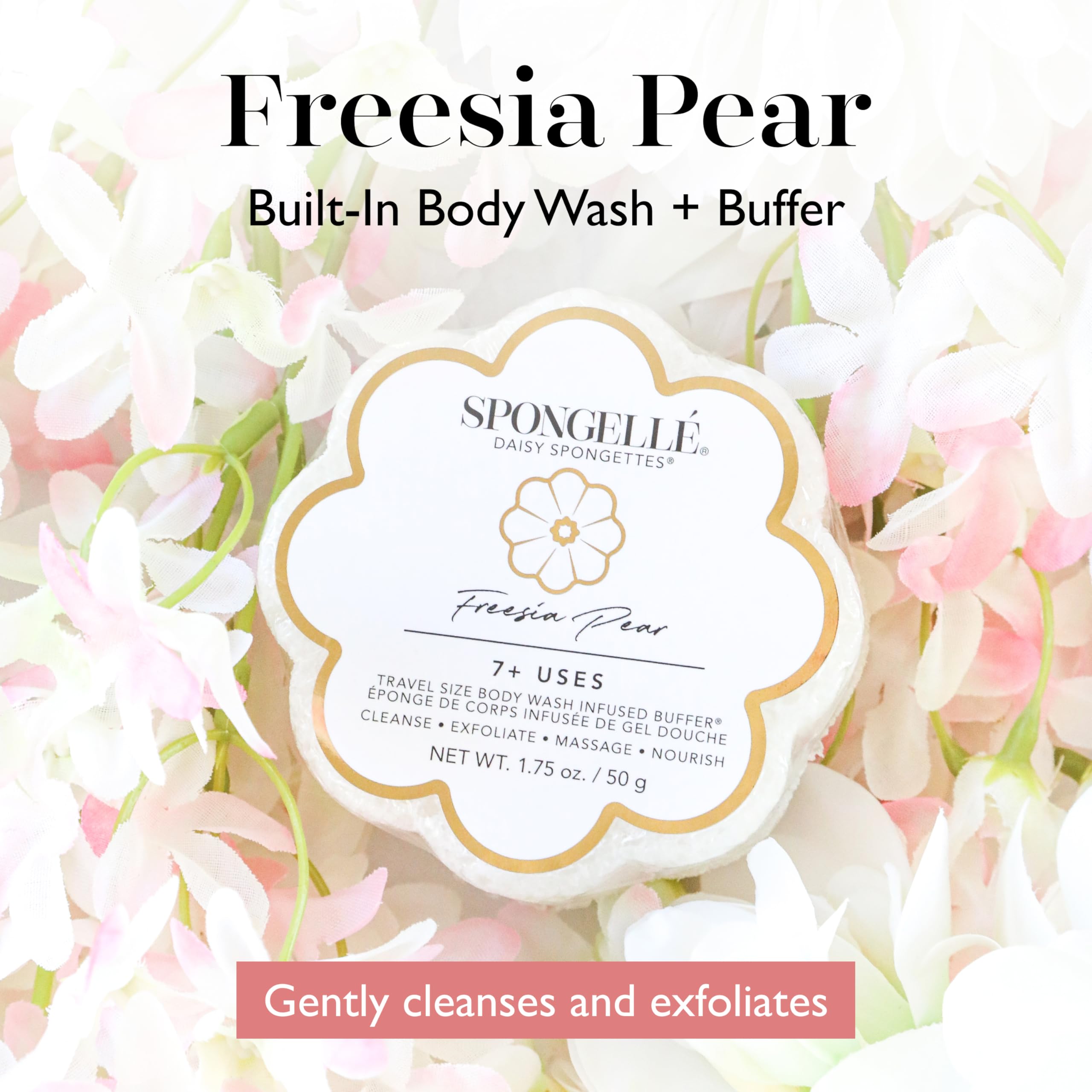 SPONGELLÉ Freesia Poire Spongette Loofah – mousse intégrée pour un lavage tout-en-un