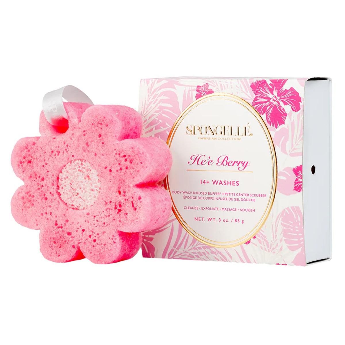 Spongellé He'e Berry Hawaiian Buffer met en valeur sa texture douce pour exfolier et hydrater.