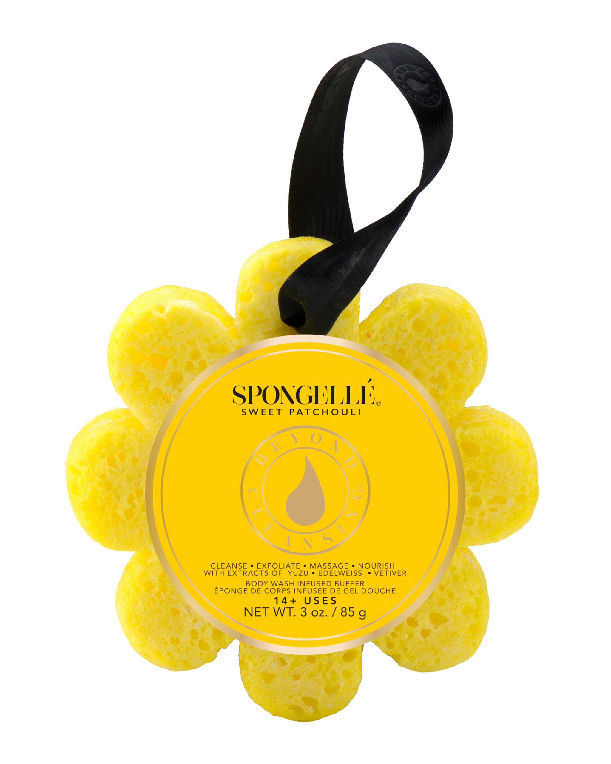 SPONGELLÉ Patchouli Doux Fleur Sauvage : éponge-bain avec parfum et exfoliation légère.