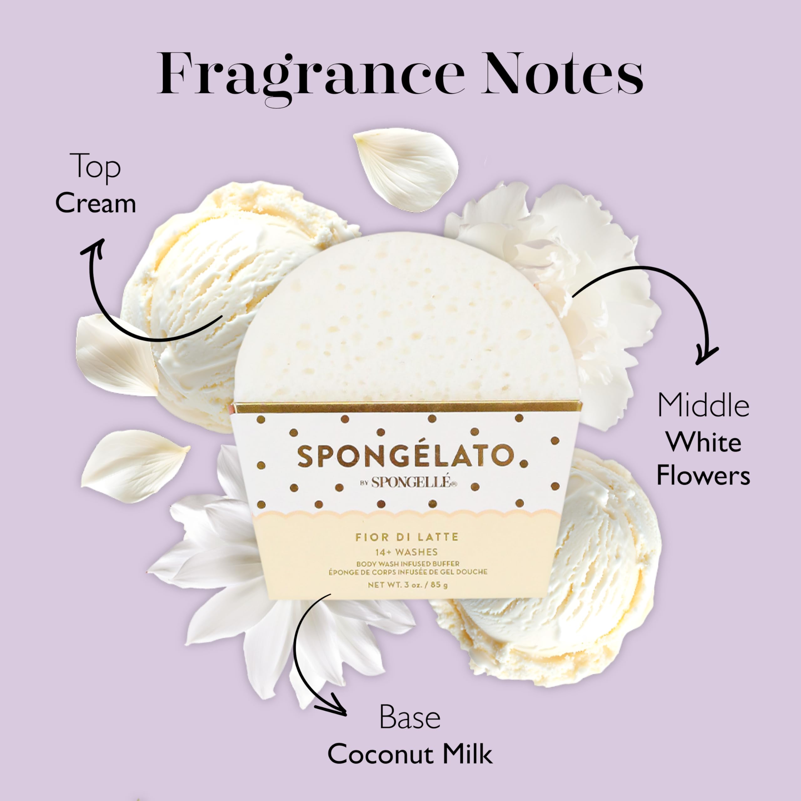 Spongelle Fior di Latte vanilla fragrance adds spa-like aroma for a relaxing shower.