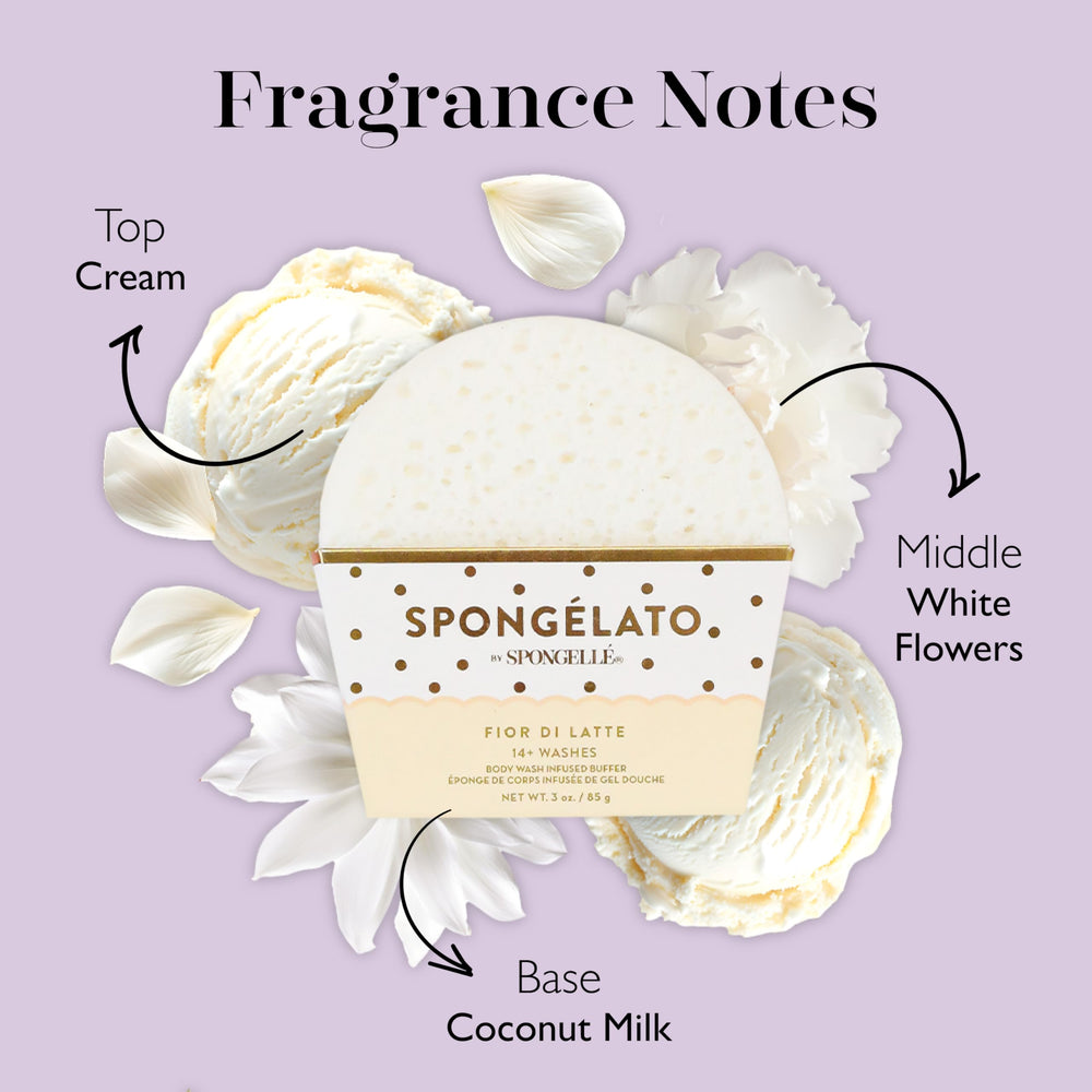 Spongelle Fior di Latte vanilla fragrance adds spa-like aroma for a relaxing shower.