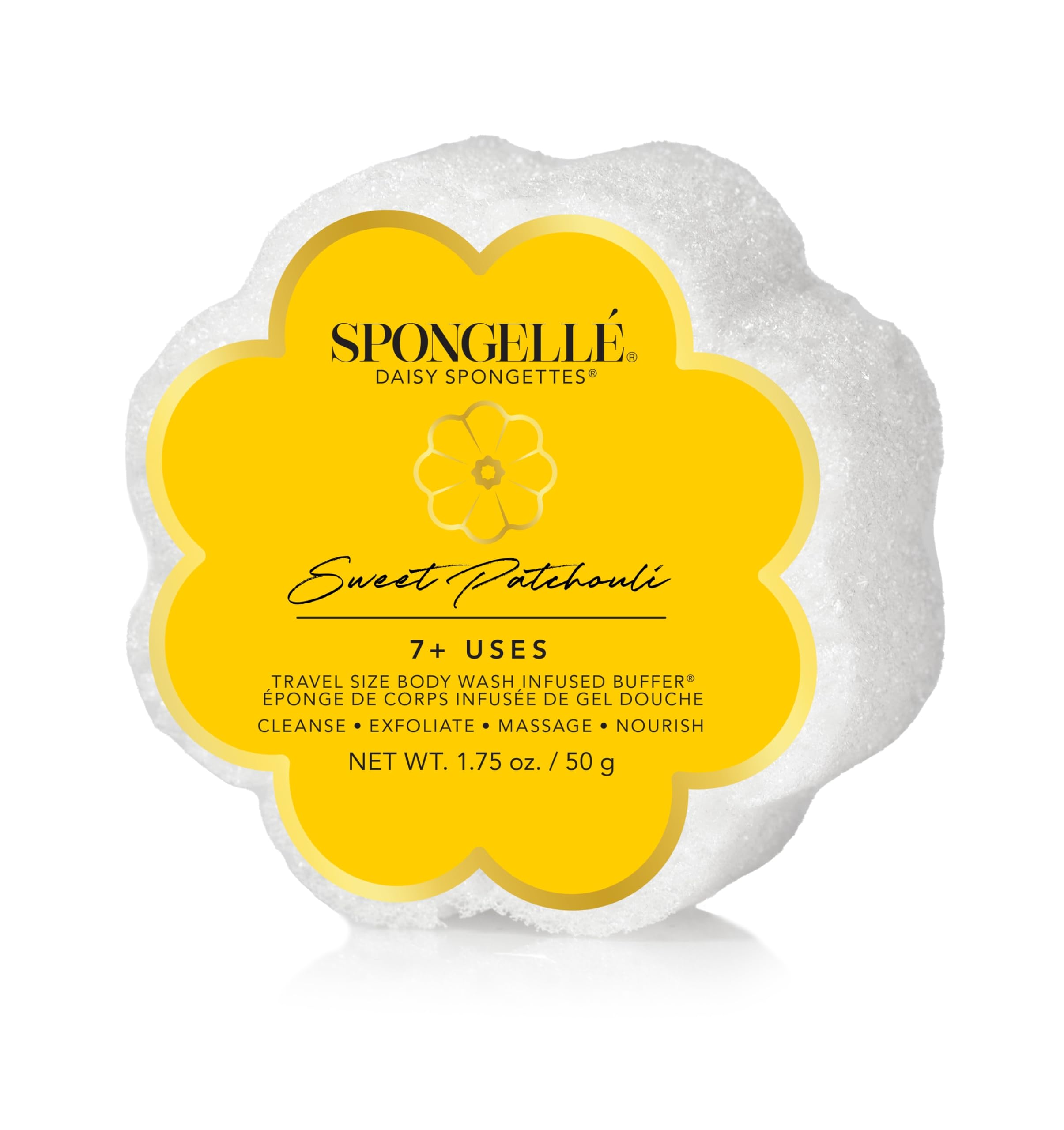 SPONGELLÉ Sweet Patchouli Spongette Loofah: mousse intégrée et exfoliation efficace.
