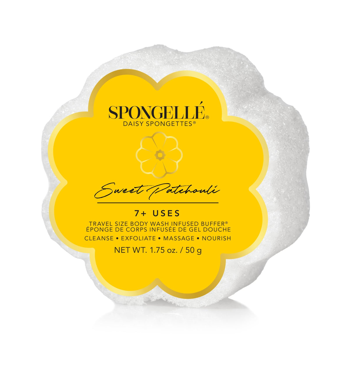 SPONGELLÉ Sweet Patchouli Spongette Loofah: mousse intégrée et exfoliation efficace.