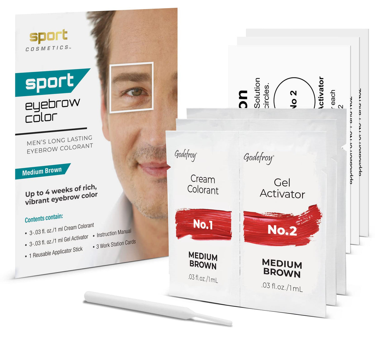 Sport Cosmetics sport eyebrow colorant tube close-up for quick gray brow coverage