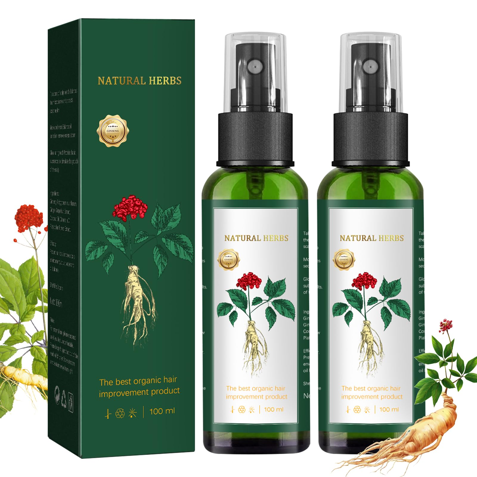 Spray Croissance Cheveux Ginseng Gingembre — bouteille 100 ml prête à l’emploi pour routine quotidienne.