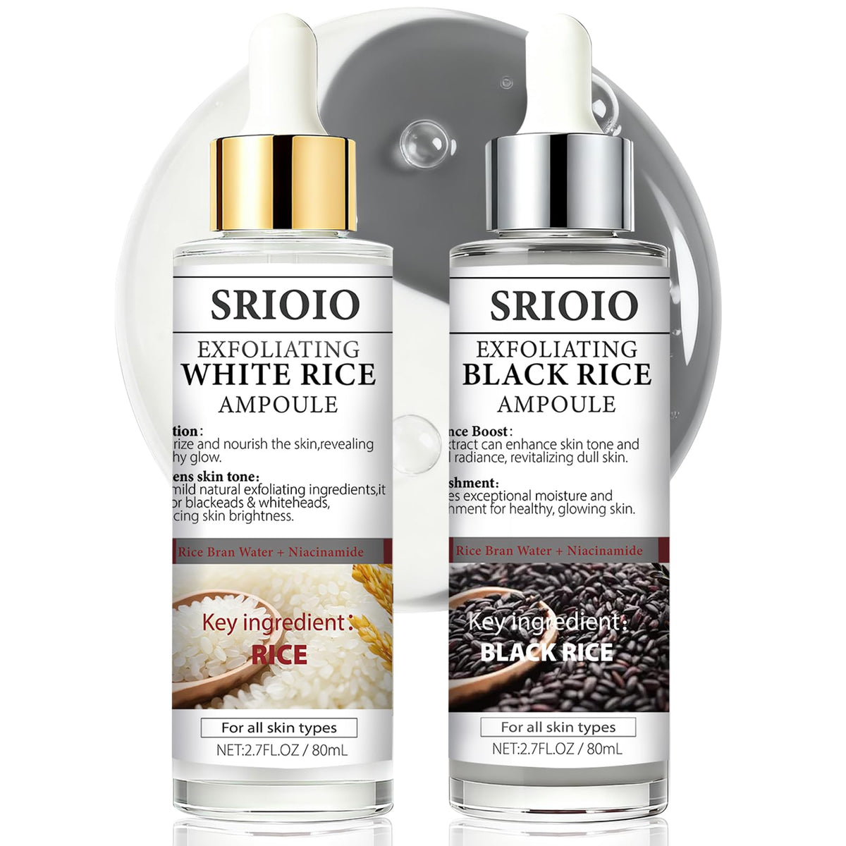 SRIOIO Exfoliant riz noir et blanc – flacon soin visage et corps pour purification légère