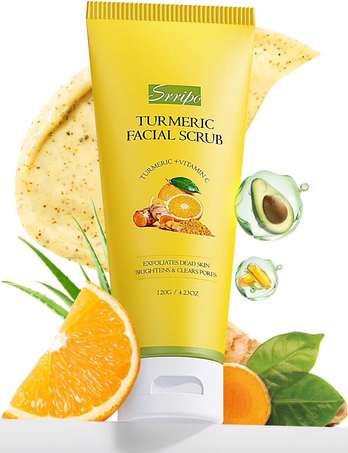 Srripo exfoliant visage en bocal avec vitamine C et curcuma pour une peau lumineuse.