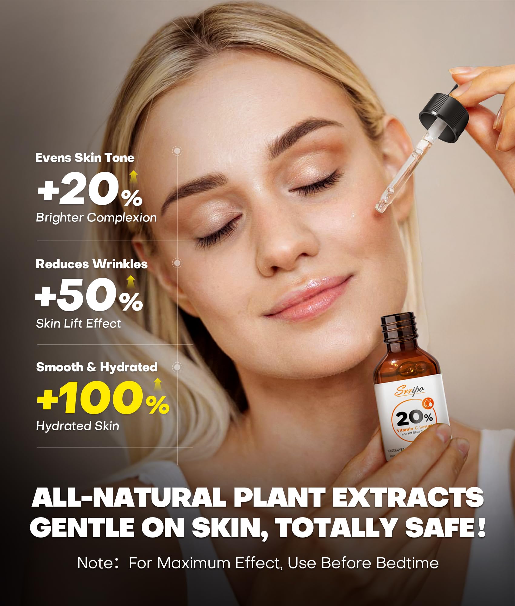 Srripo Sérum vitamine C 20% résultats potentiels après utilisation régulière.