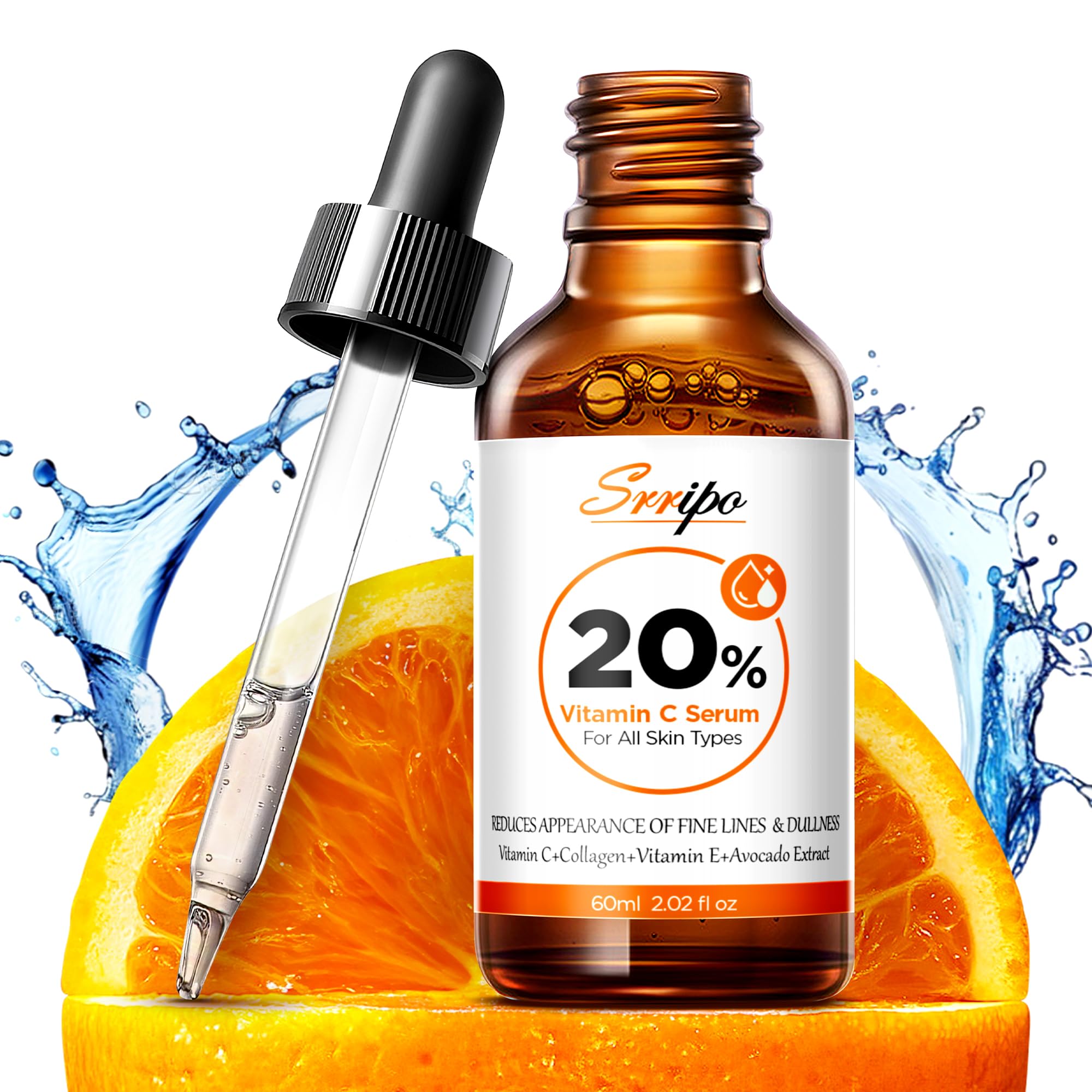 Srripo Sérum vitamine C 20% dans une bouteille lumineuse pour un éclat naturel.
