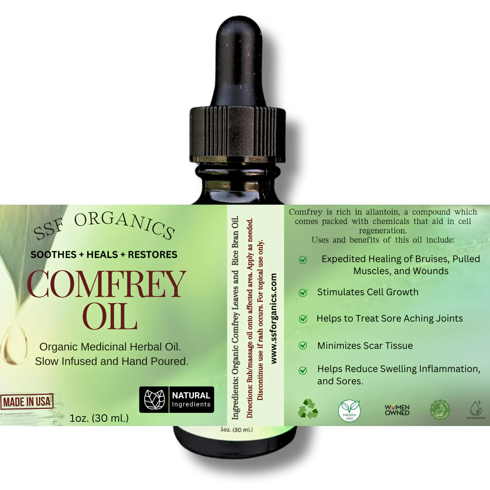 Usage polyvalent pour peau et muscles avec l’huile de comfrey SSF Organics.