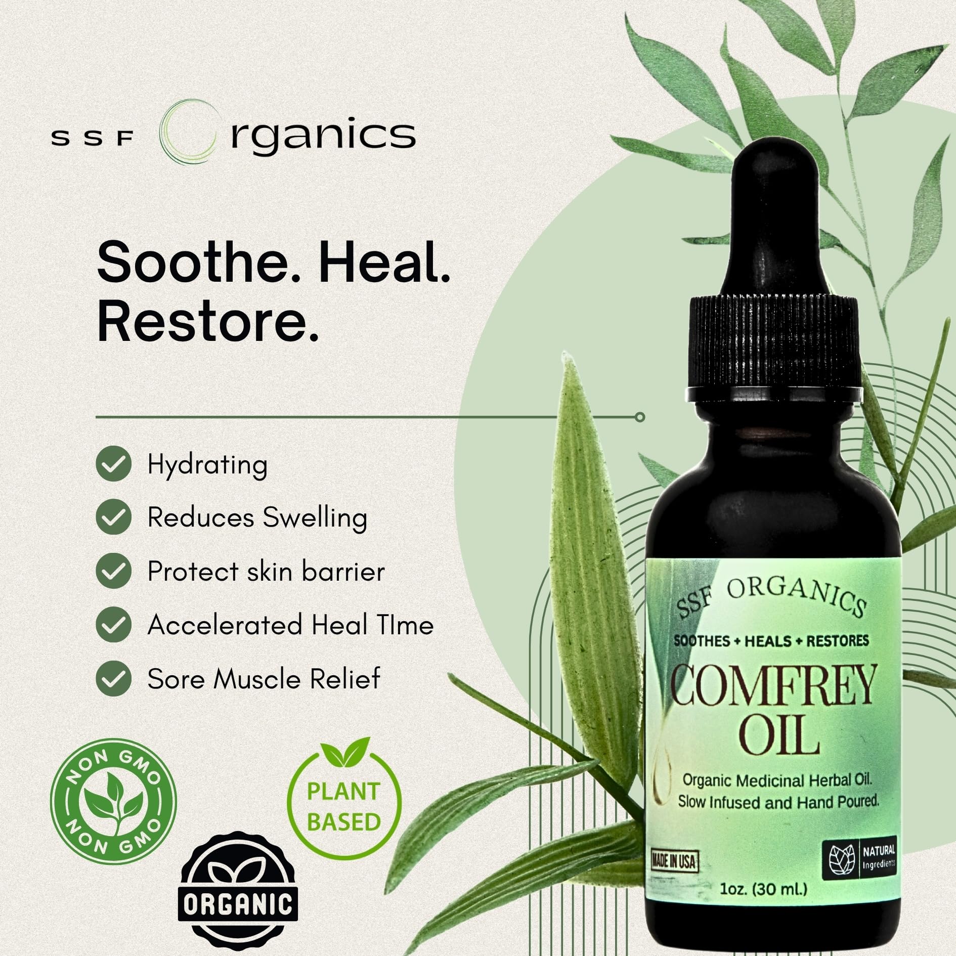 Étiquette simple de l’huile de comfrey SSF Organics sur fond neutre.