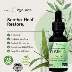 Étiquette simple de l’huile de comfrey SSF Organics sur fond neutre.