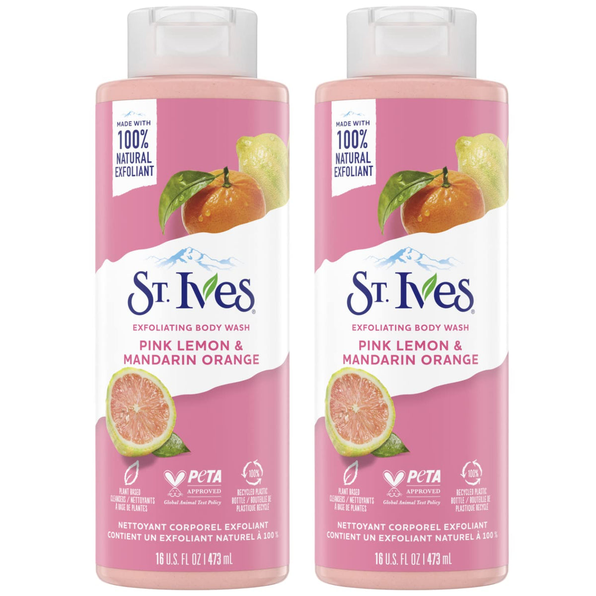 St. Ives Bouteille-douche-exfoliant-rose-citron: parfum frais et exfoliation légère.