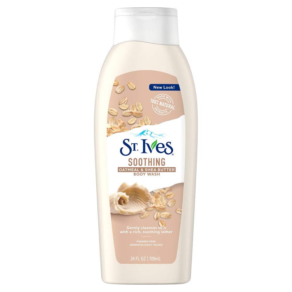 Bouteille gel douche St. Ives avoine-karité, hydratation douce pour la peau.