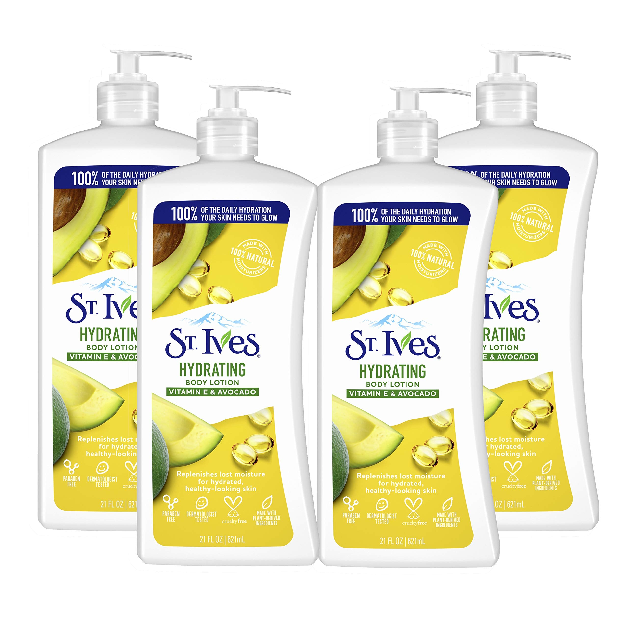 St. Ives Bouteille-lotion avocat vitamine E, hydratation douce et rapide.
