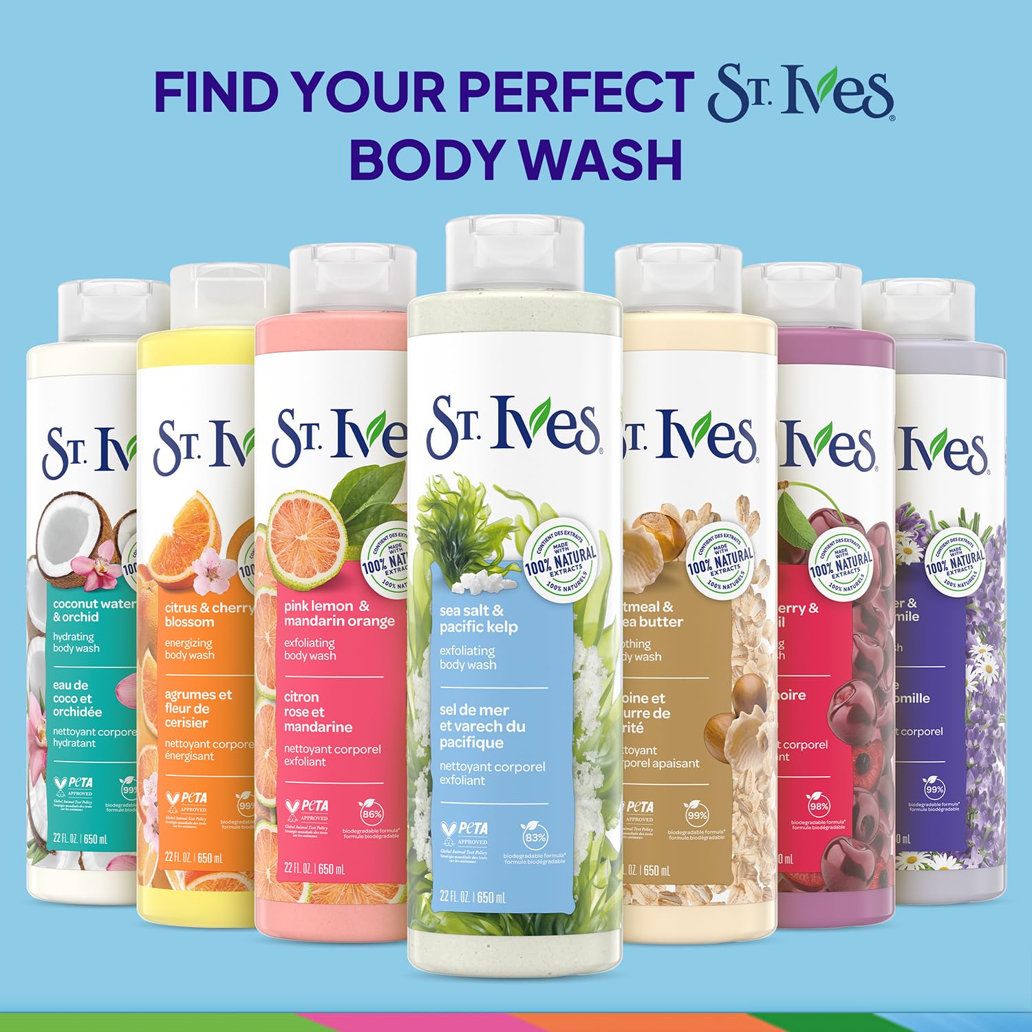 St. Ives formulation dermatologiquement testée, soin doux.