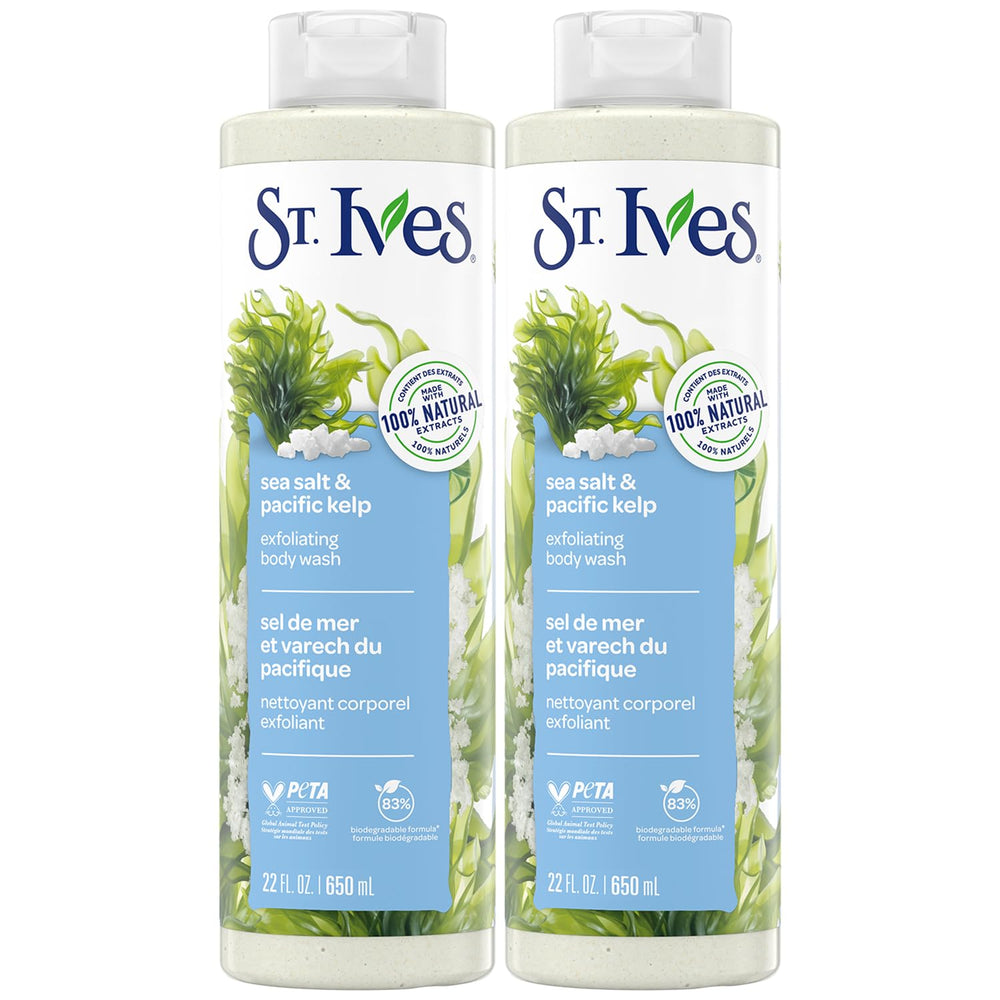 St. Ives gel douche sel marin et varech pacifique, bouteille visible, exfolie en douceur.