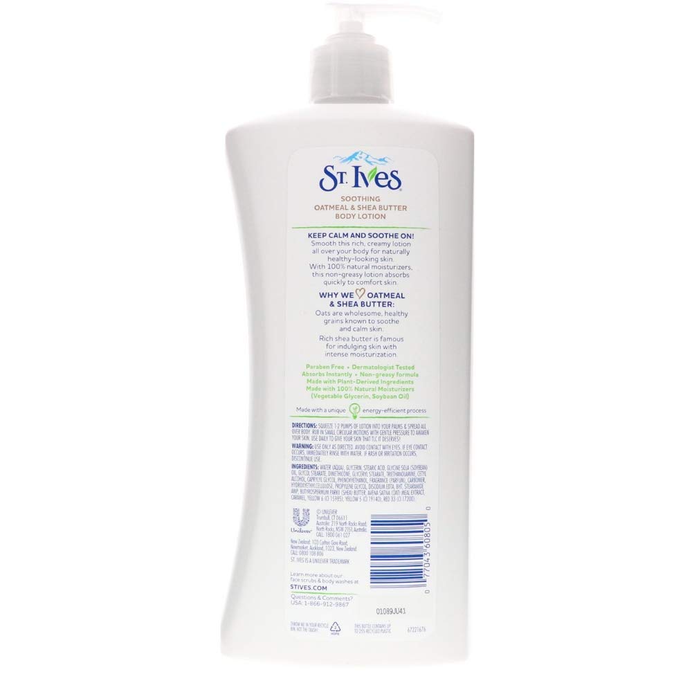 Lotion corporelle avoine-karité de St. Ives, soin hydratant pour peau sèche.