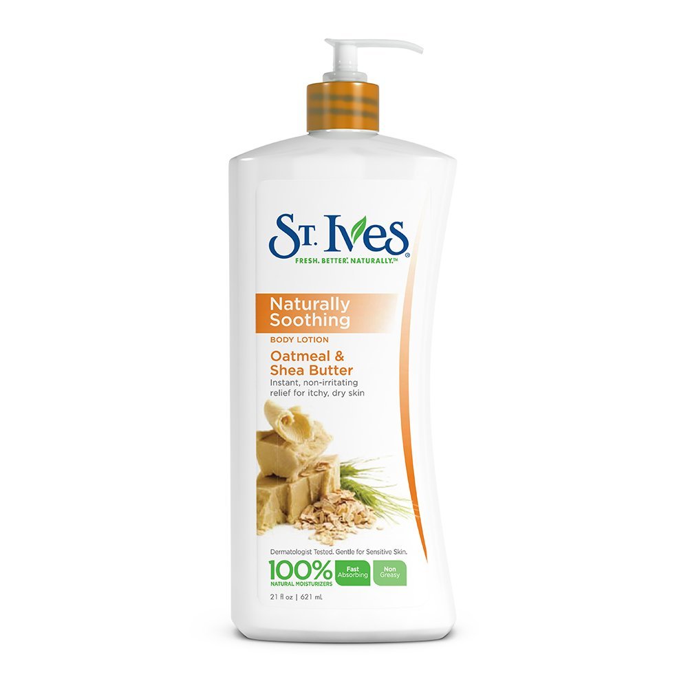 Lotion corporelle St. Ives avoine et karité, bouteille prête à hydrater rapidement.