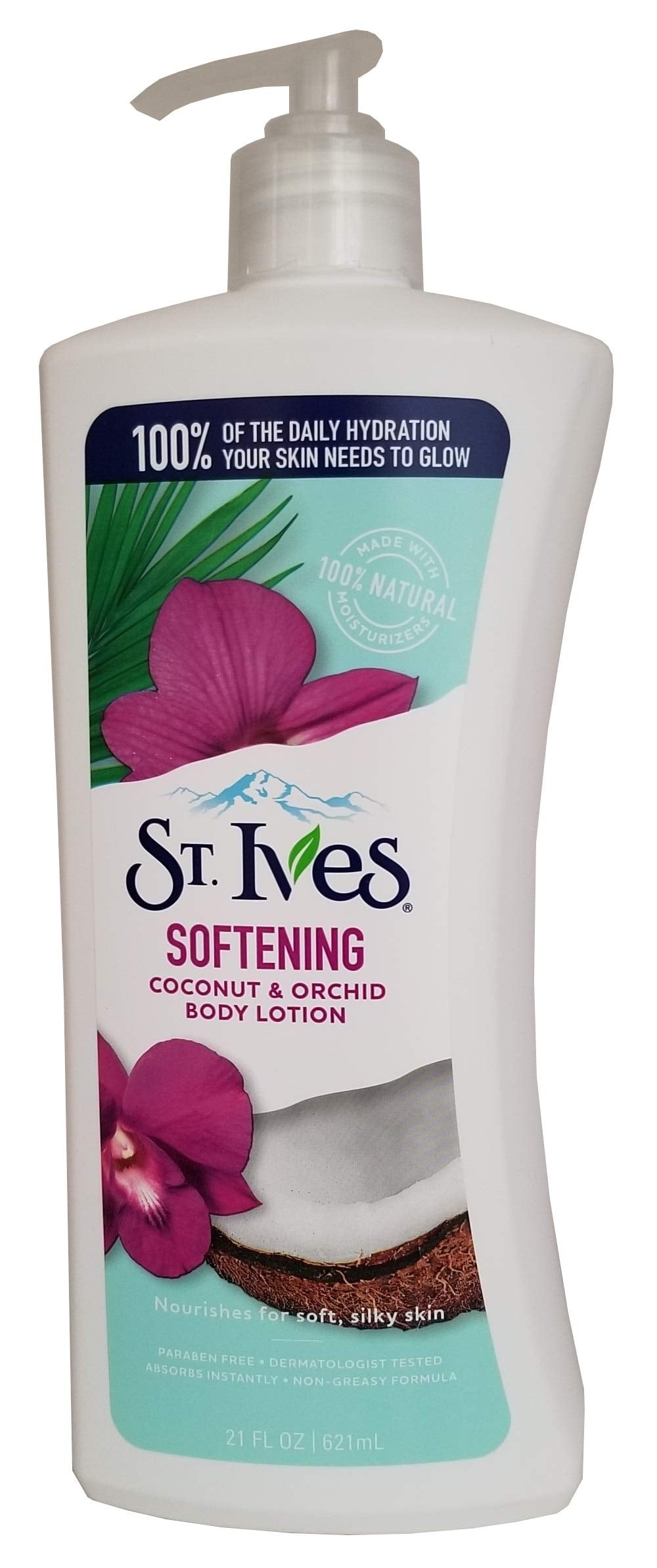 Lotion corporelle St. Ives coco et orchidée, pompe pratique pour hydratation durable.