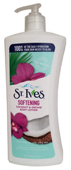 Lotion corporelle St. Ives coco et orchidée, pompe pratique pour hydratation durable.
