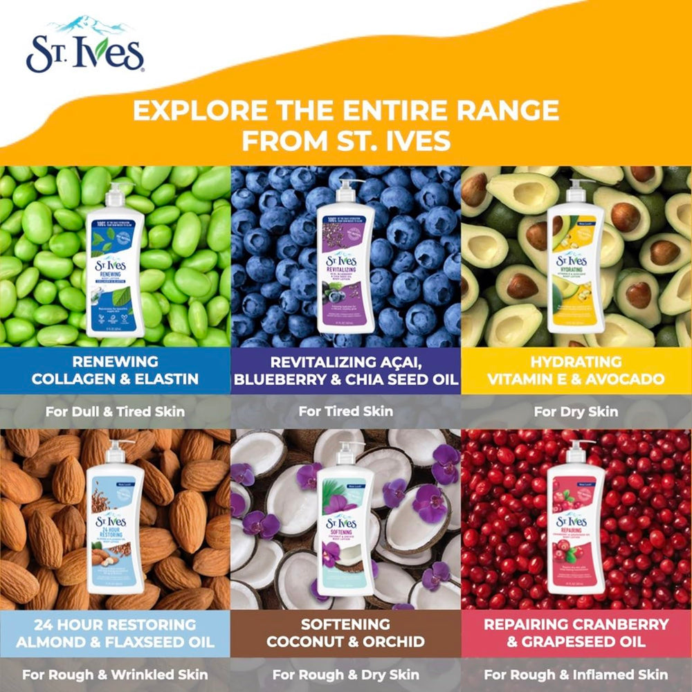 St. Ives – ingrédients naturels comme coco et soja pour hydratation douce.
