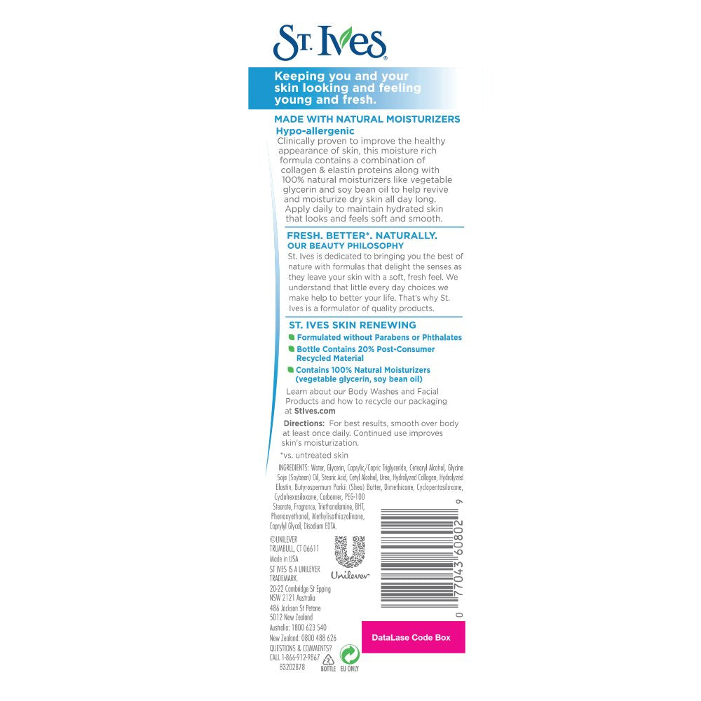 St. Ives lotion renouvelante pour mains et corps, parfum frais.