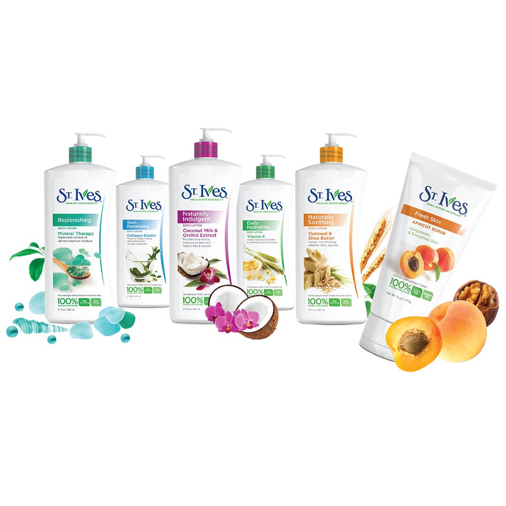 St. Ives lotion renouvelante pour mains et corps, utilisation quotidienne pour peau nourrie et douce.