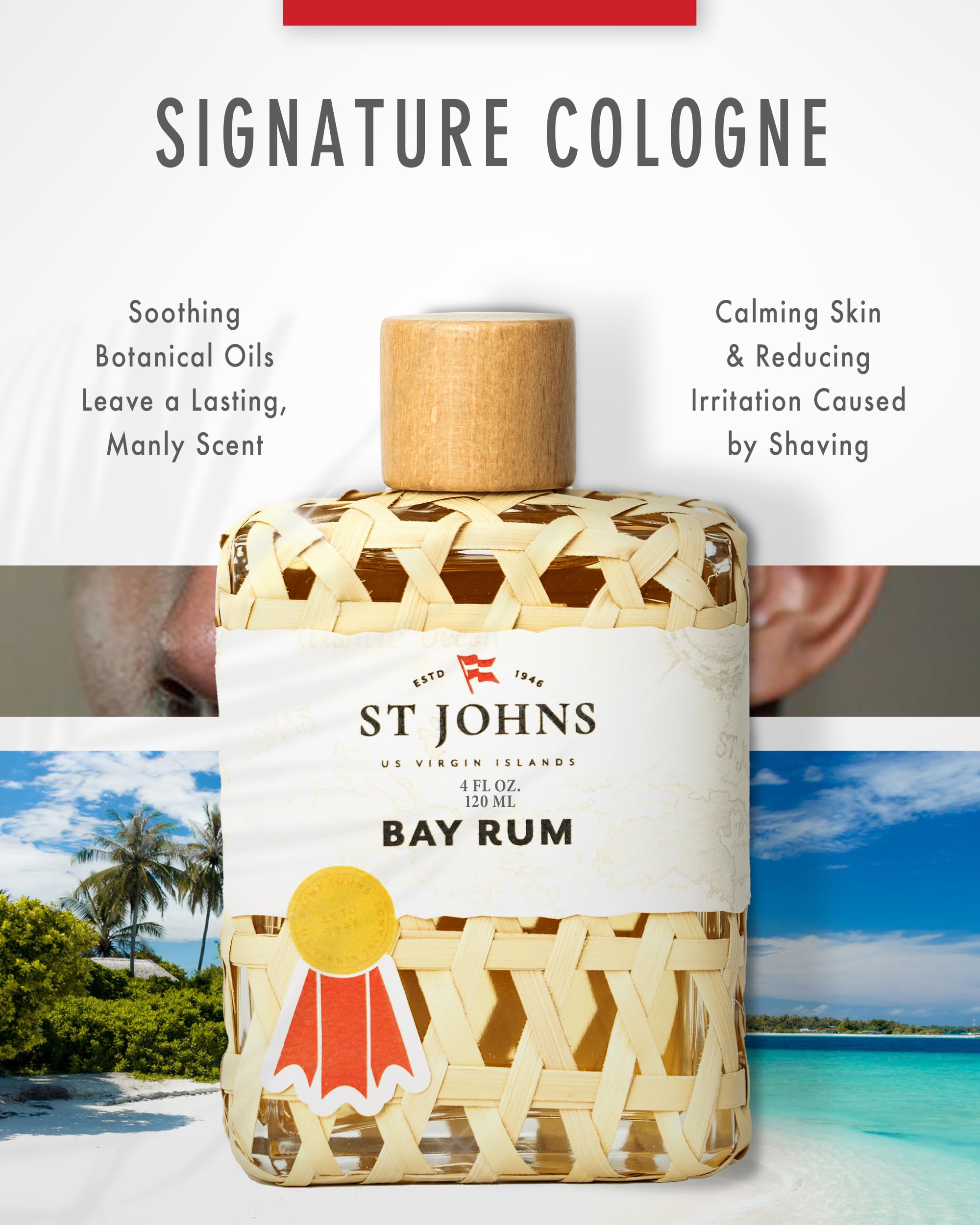 Notes épicées et eucalyptus de St. John Bay Rum pour une sensation vivifiante.