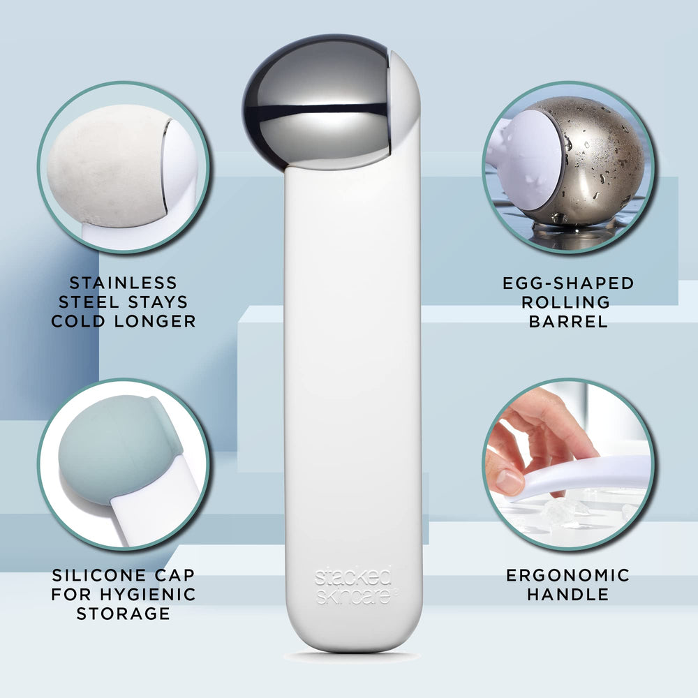 Rouleau en acier inoxydable StackedSkincare, sensation fraîche et durable sur la peau.