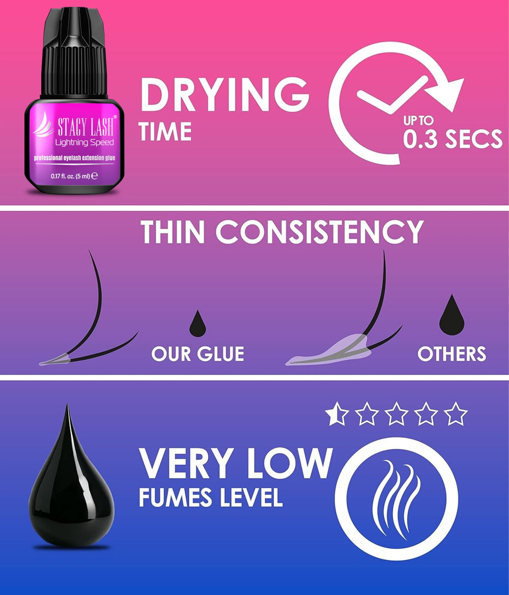 STACY LASH col­le extensions cils, séchage en 0,3 s, gain de temps en salon.