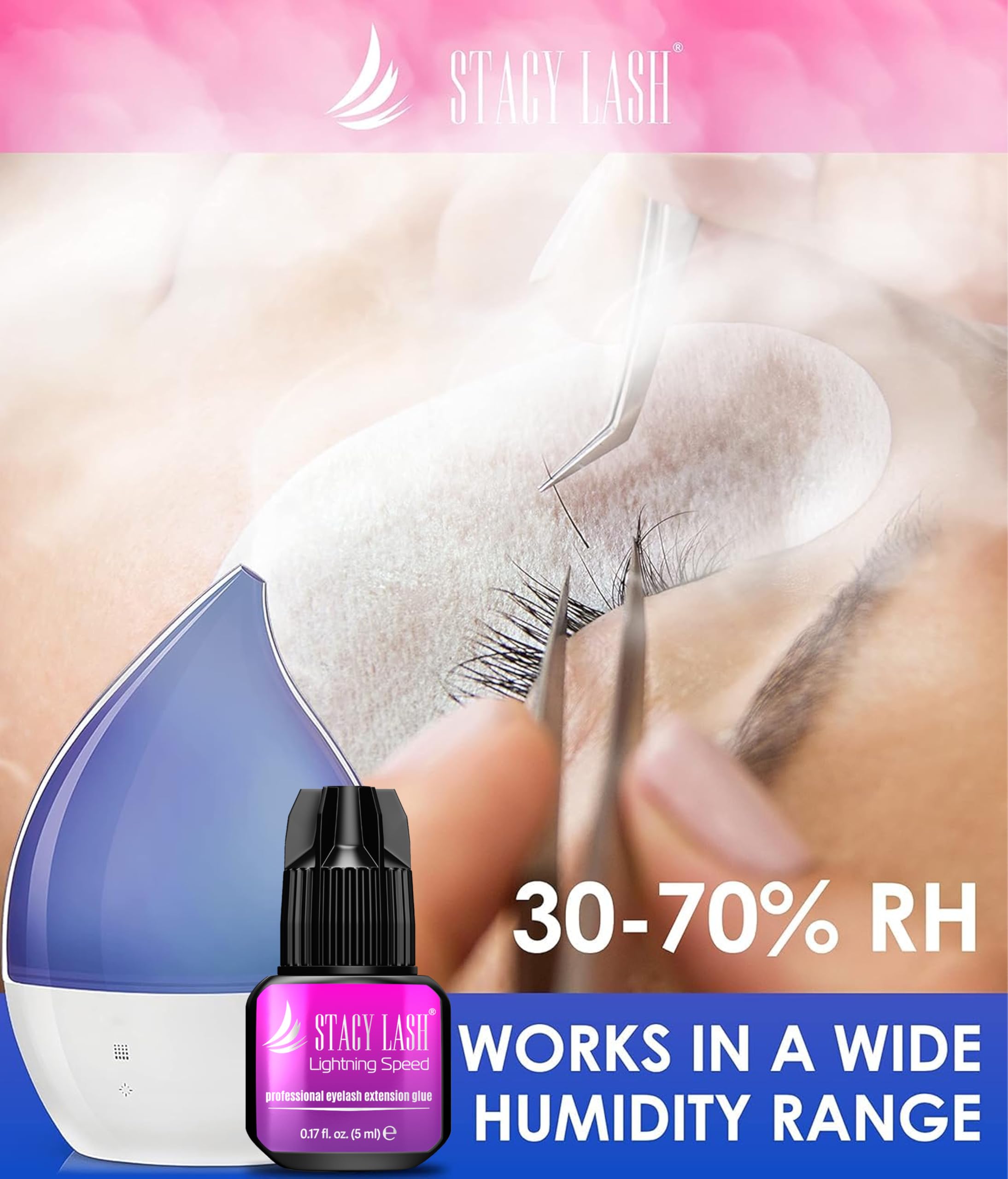 STACY LASH col­le extensions cils, viscosité faible facilitant une application rapide.