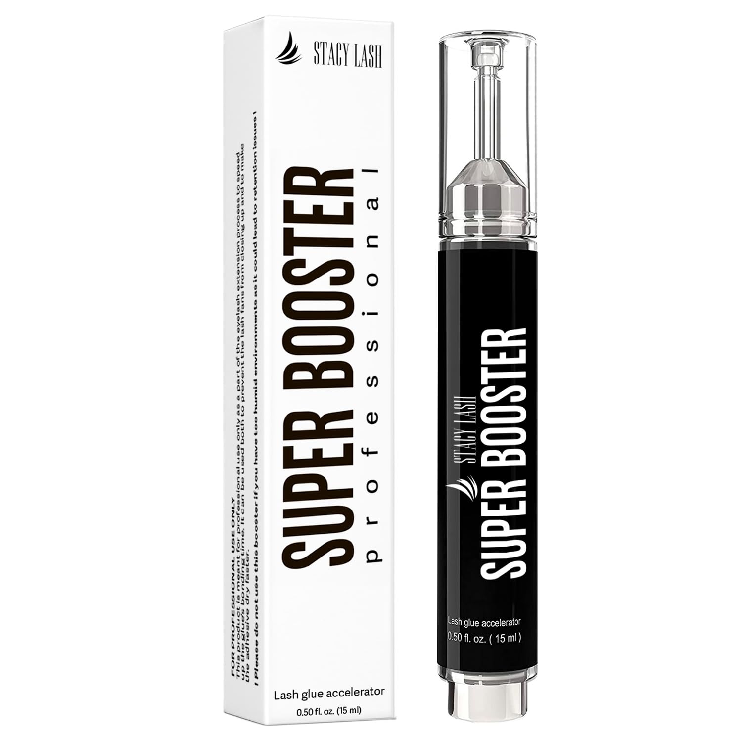 Bouteille STACY LASH Super Booster 15 ml accélère le durcissement de l’adhésif.