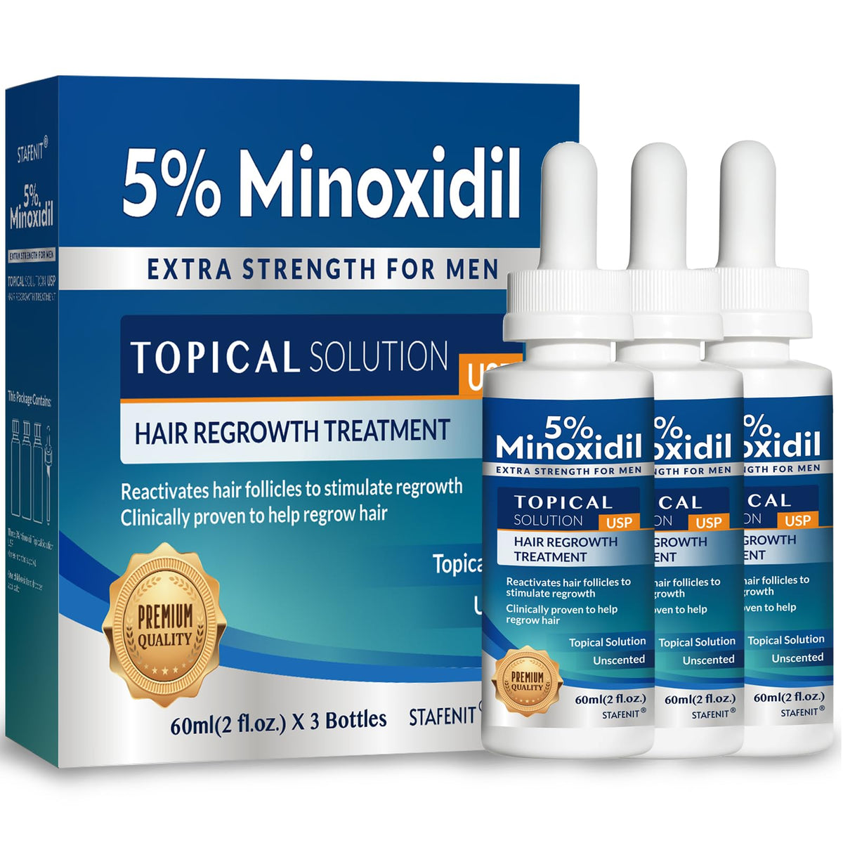 Trois flacons Stafenit Minoxidil 60 ml pour un traitement continu.
