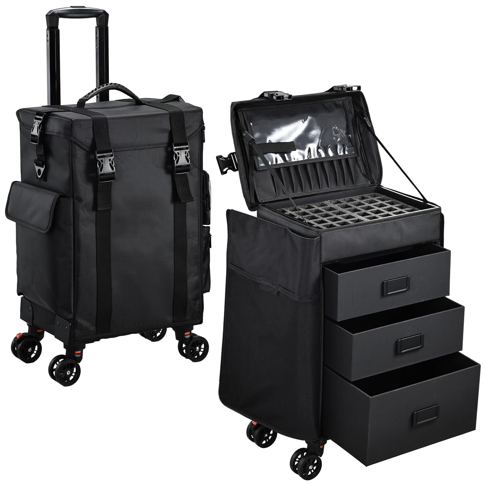 Stagiant coffret maquillage roulant 4-en-1 noir, transport facile et rangement élégant.